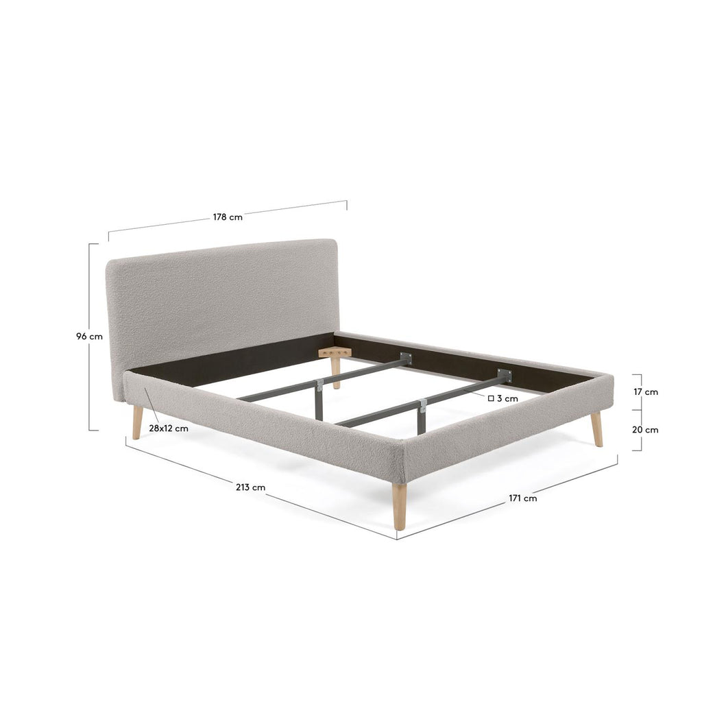 Lit Dyla bouclette gris clair et pieds en bois de hêtre pour matelas de 160 x 200 cm