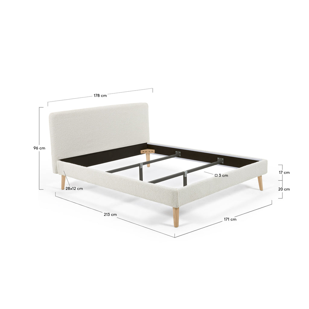 Lit Dyla bouclette blanc et pieds en bois de hêtre pour matelas de 160 x 200 cm