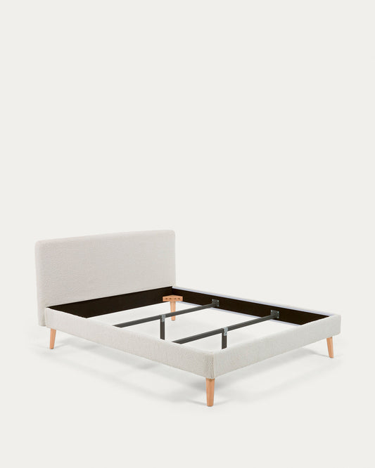 Lit Dyla bouclette blanc et pieds en bois de hêtre pour matelas de 160 x 200 cm