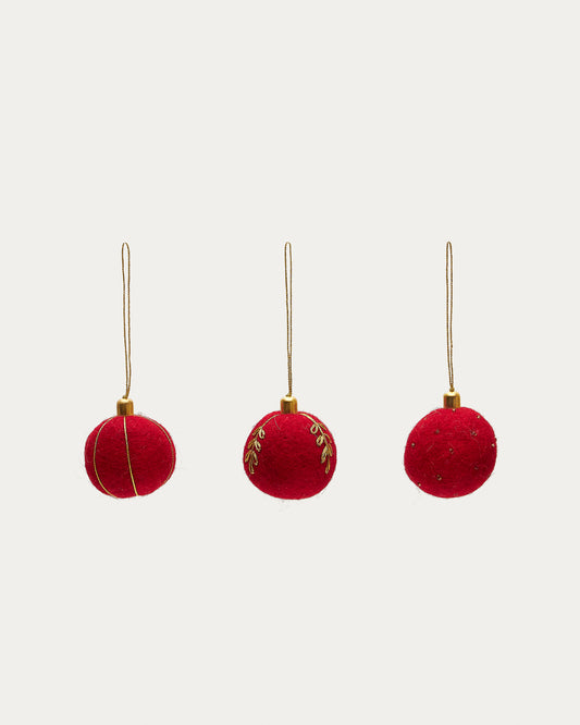 Breshi set of 3 small red decorative pendant balls with gold details 