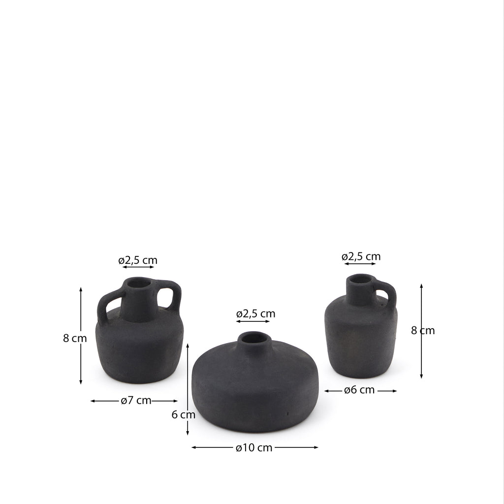 Ensemble Sofra de 3 vases en terre cuite, finition noire 6 cm / 7 cm / 10 cm