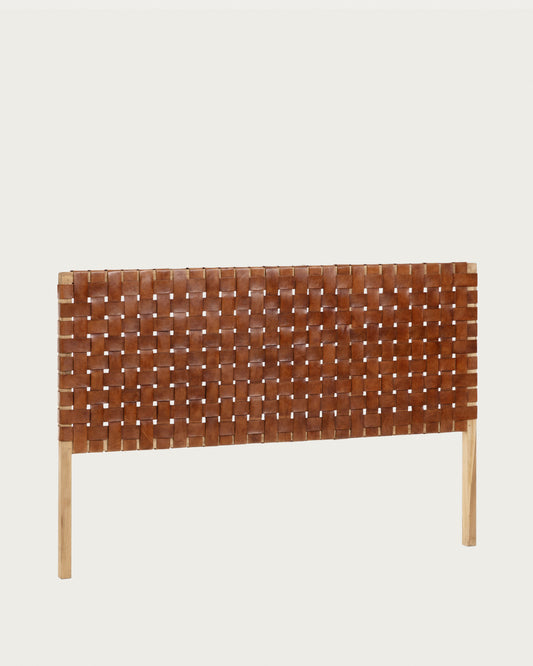 Tête de lit Calixta en bois de teck massif et cuir avec finition naturelle pour lit jusqu’à 150 cm