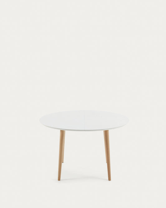 Table extensible ovale Oqui MDF laqué blanc et pieds bois hêtre 120 (200) x 90 cm