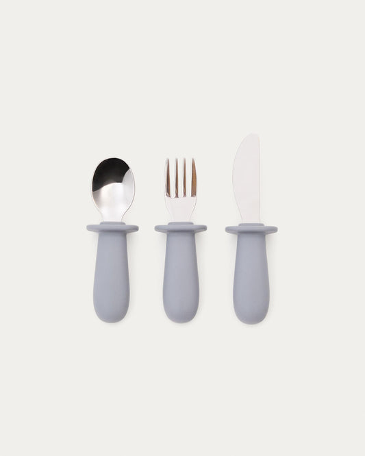 Ensemble Lili de cuillère, fourchette et couteau en silicone bleu