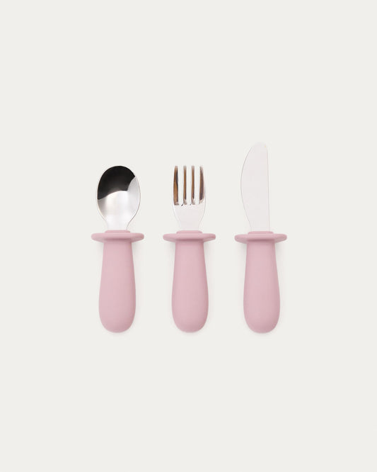 Ensemble Lili de cuillère, fourchette et couteau en silicone rose