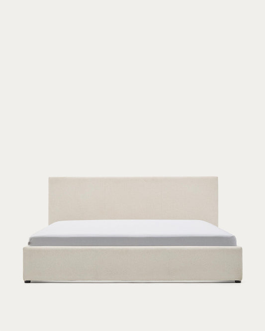 Lit Nahiri en chenille beige avec coffre relevable pour matelas de 180 x 200 cm