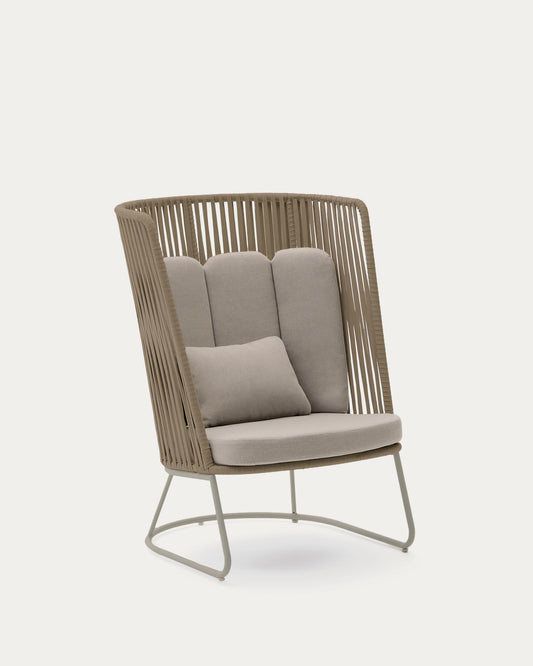 Fauteuil d’extérieur avec dossier haut Saconca en corde et acier galvanisé beige