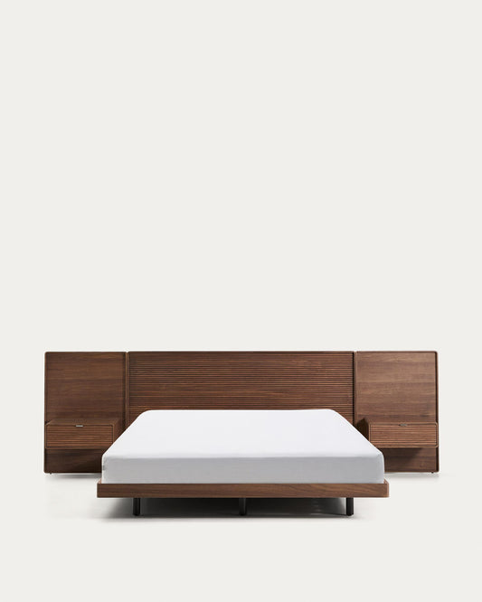 Lit Norlen avec 2 tables de nuit en placage de noyer avec finition foncée et lumière LED pour matelas 160 x 200 cm FSC Mix Credit