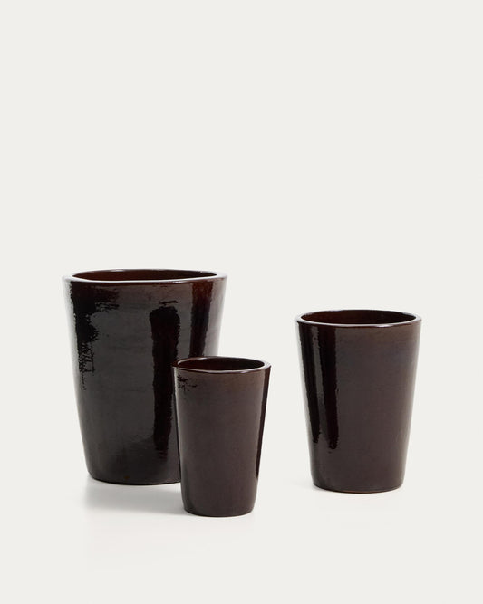 Ensemble Rotja de 3 pots de fleurs en terre cuite, finition grenat émaillée Ø 26 / 35 / 47 cm