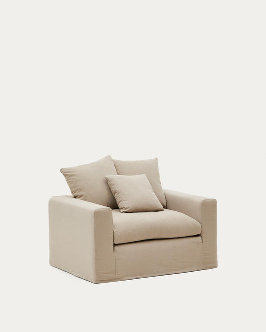 Nora armchair with removable cover with linen and cotton cushion in taupe 140cm