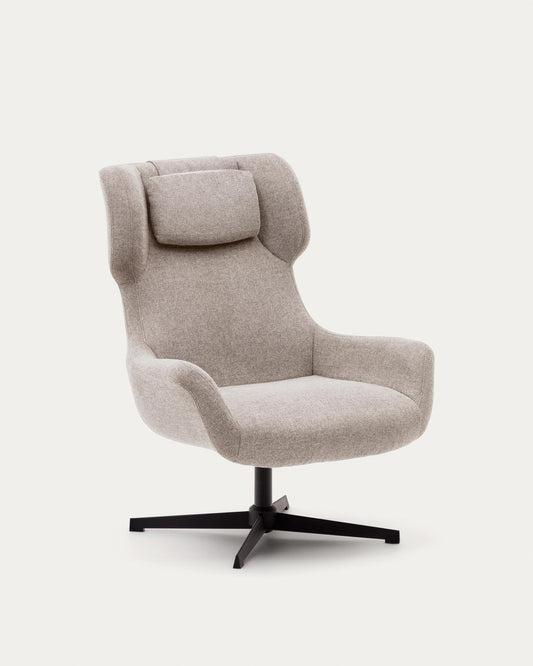 Fauteuil giratoire avec accoudoirs Zalina en chenille beige et acier avec finition noire FSC 100%