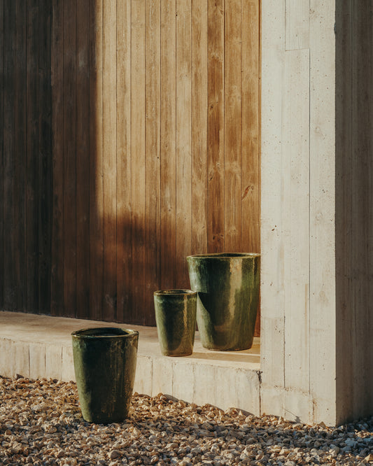 Ensemble Rotja de 3 pots de fleurs en terre cuite, finition verte émaillée Ø 26 / 35 / 47 cm