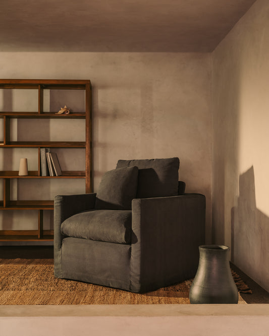 Fauteuil déhoussable Nora avec coussin en lin et coton écru 92 cm
