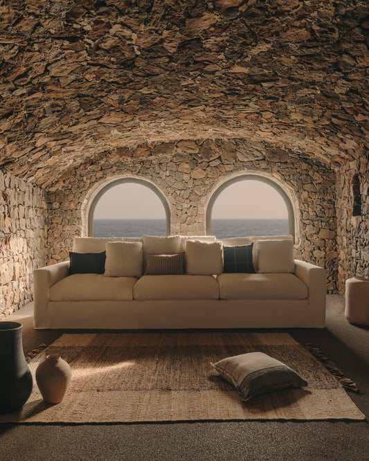 Nora 4-seater sofa with removable cover with linen and cotton cushions in anthracite grey 340cm