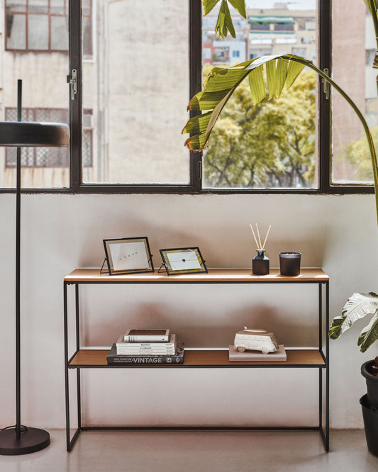 Yoana console table with oak veneer and painted white metal structure, 120 x 80 cm