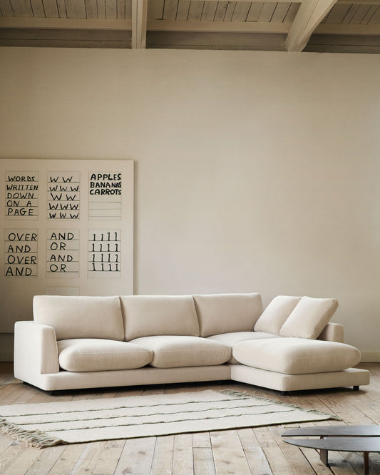 Gala 4-seater sofa with right chaise longue in beige chenille FSC Mix Credit 300cm