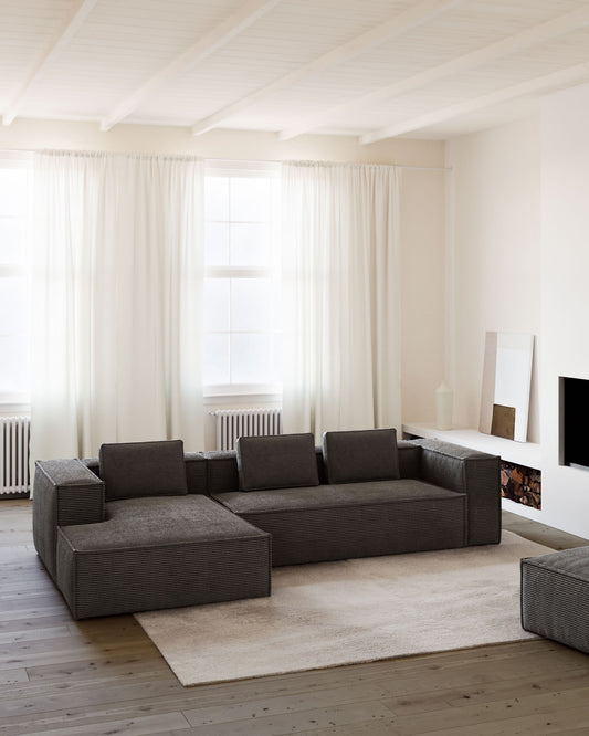 Canapé Blok 4 places en velours côtelé épais avec méridienne gauche gris 330 cm – Certifié FSC Mix Credit