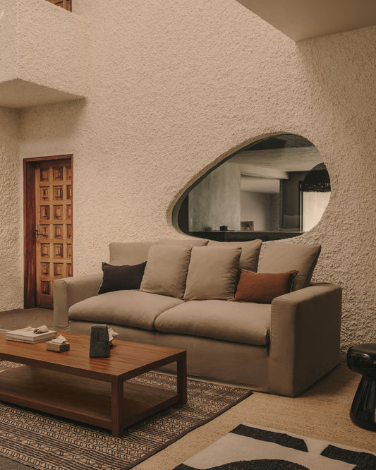 Nora 3-seater sofa with removable cover with linen and cotton cushions in ecru 240cm