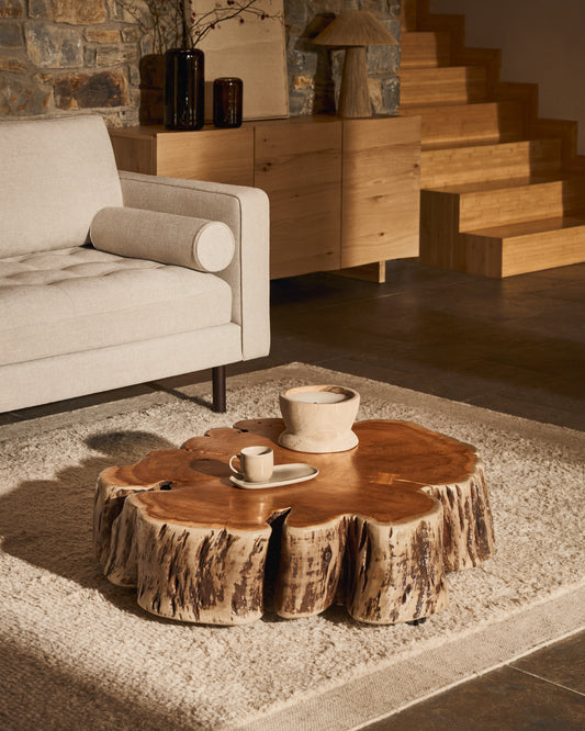 Table basse Tavine en bois d’acacia avec finition blanchie et roulettes Ø 85 cm