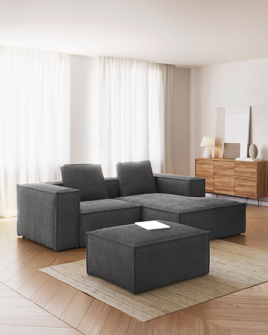 Canapé Blok 2 places en velours côtelé épais avec méridienne droite gris 240 cm – Certifié FSC Mix Credit