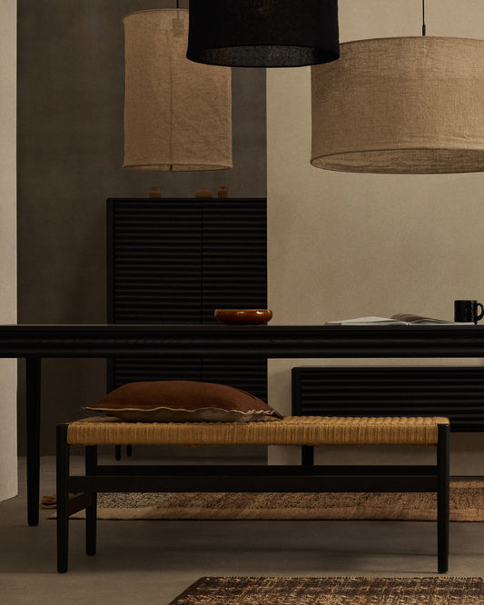 Banc Zaide en bois de chêne massif avec finition noire et assise en corde, 120 cm, FSC Mix Credit