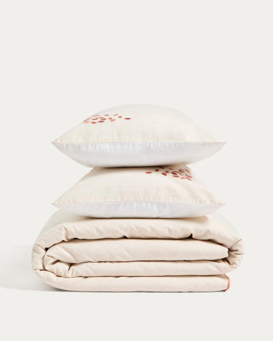 Ensemble Virelda housse de couette et taie d’oreiller en coton et lin beige avec broderie pour lit de 180 cm