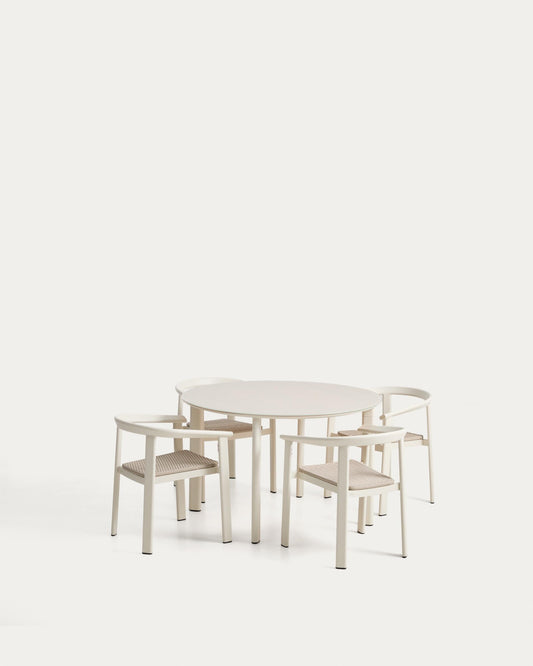 Ensemble Erice de 4 chaises empilables en aluminium et corde et d’une table en aluminium et verre trempé écru Ø 120 cm
