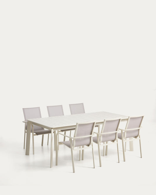 Ensemble table extensible Brela en aluminium écru et 6 chaises empilables Canea en aluminium écru et texteline beige 205(287)x100 cm
