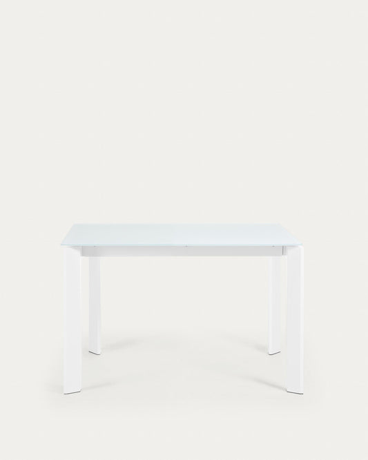 Table extensible Axis en verre blanc et pieds en acier finition blanche 120 (180) cm