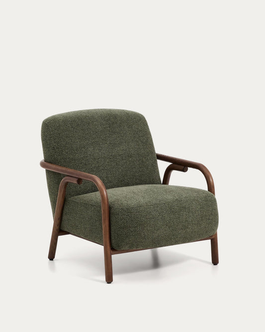 Fauteuil Sylo en tissu chenille vert foncé et bois de frêne avec finition ton noyer FSC 100 %