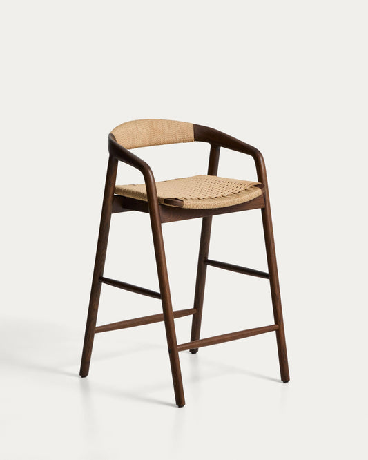 Tabouret Derile en bois de chêne avec finition noyer et corde en papier beige FSC Mix Credit 65 cm