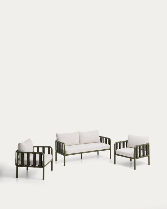 Ensemble Omala composé d’un canapé 2 places et 2 fauteuils en corde et aluminium vert