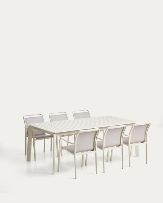 Ensemble table extensible Brela en aluminium écru et 6 chaises Luri en aluminium écru et textilène beige 205 (287) x 100 cm