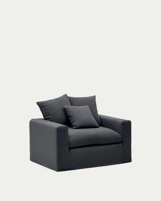 Fauteuil déhoussable Nora avec coussin en lin et coton gris anthracite 140 cm