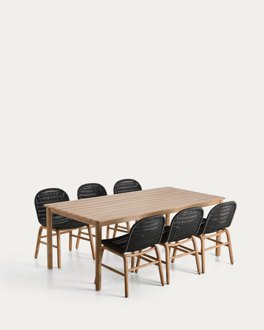 Ensemble table Sori en bois d’acacia et 6 chaises Alipa en bois d’acacia et corde graphite 200 x 100 cm FSC 100 %