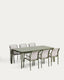 Ensemble table extensible Brela en aluminium vert et 6 chaises empilables Luri en aluminium vert et textilène beige 205 (287) x 100 cm