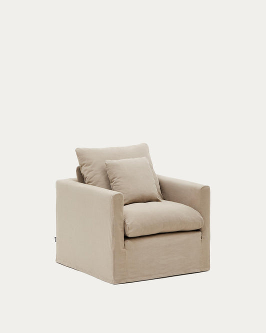Nora armchair with removable cover with linen and cotton cushion in taupe 92cm