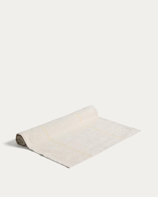 Chemin de table Ulaen en coton et lin beige à rayures jaunes 50 x 150 cm