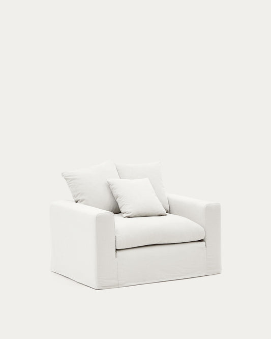 Fauteuil déhoussable Nora avec coussin en lin et coton écru 140 cm