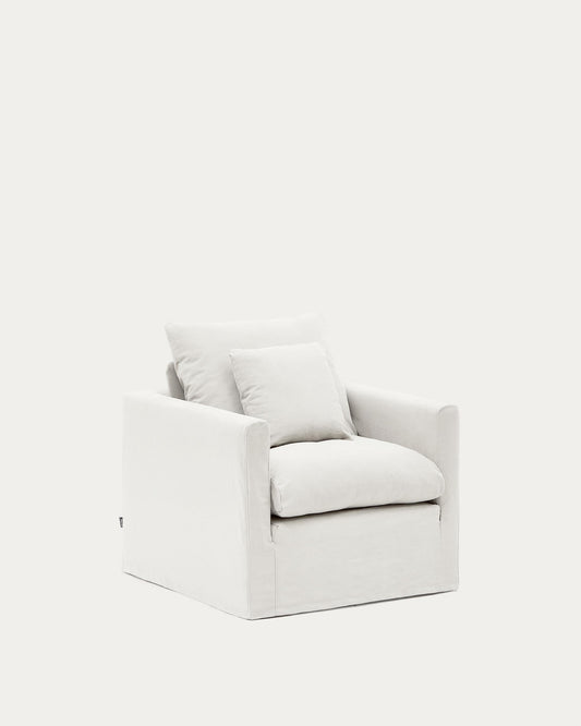 Fauteuil déhoussable Nora avec coussin en lin et coton écru 92 cm