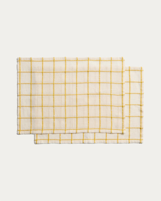 Ensemble Adesta de 2 sets de table en coton 100 % écru à carreaux jaunes 35 x 50 cm