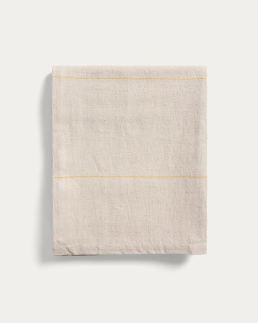 Nappe Ulaen en coton et lin beige à rayures jaunes 170 x 250 cm