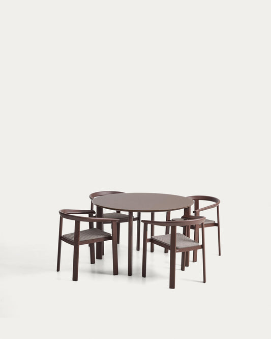 Ensemble Erice de 4 chaises empilables en aluminium et corde et d’une table en aluminium et verre trempé marron Ø 120 cm
