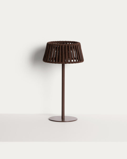 Lampe de table solaire d’extérieur Aldet en corde plate et pied en métal marron