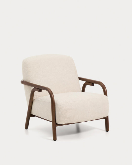 Fauteuil Sylo en tissu chenille beige et bois de frêne avec finition ton noyer FSC 100 %