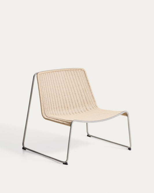Fauteuil empilable Tavari en corde synthétique beige et acier inoxydable AISI 304 effet brossé