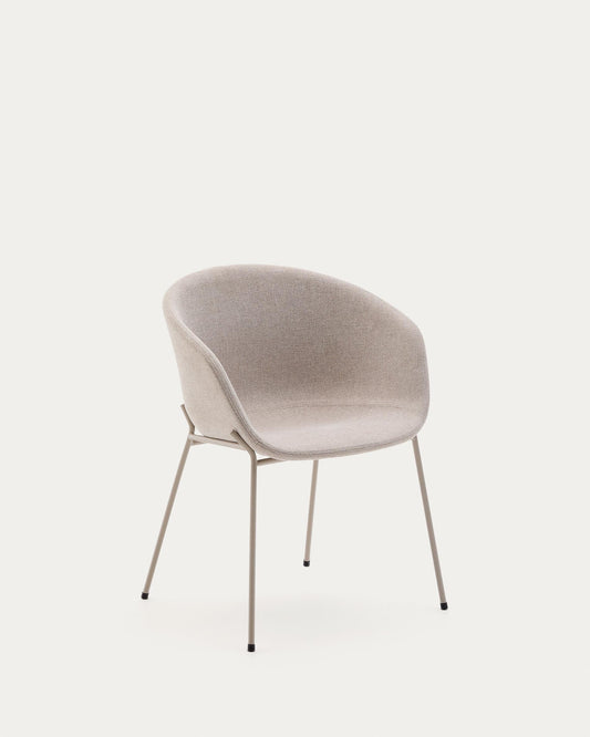 Chaise Yvette en tissu chenille beige et pieds en acier finition beige