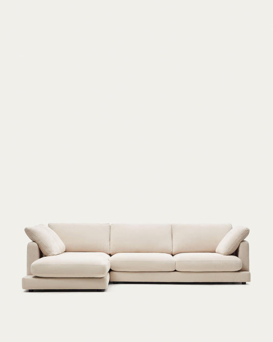 Gala 4-seater sofa with left chaise longue in beige chenille FSC Mix Credit 300cm