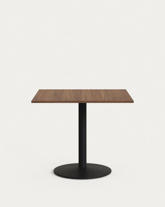 Table Esilda mélamine finition noyer avec pied en métal et finition peinte noire 90 x 90 x 70 cm