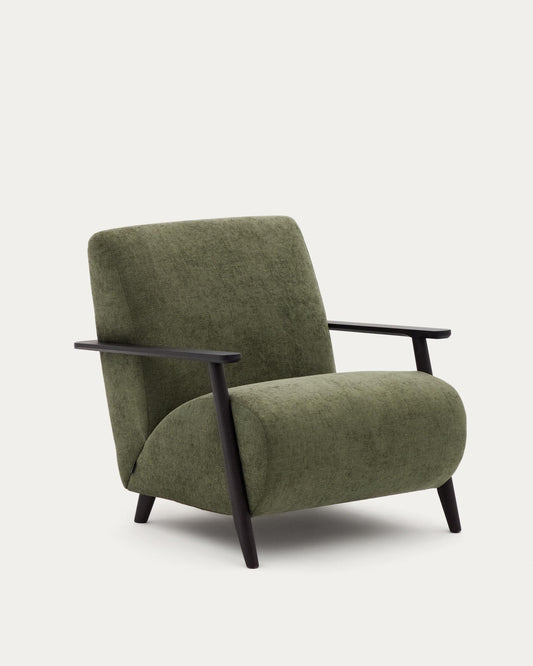 Fauteuil Meghan en tissu chenille vert et bois de frêne finition wengé FSC Mix Credit